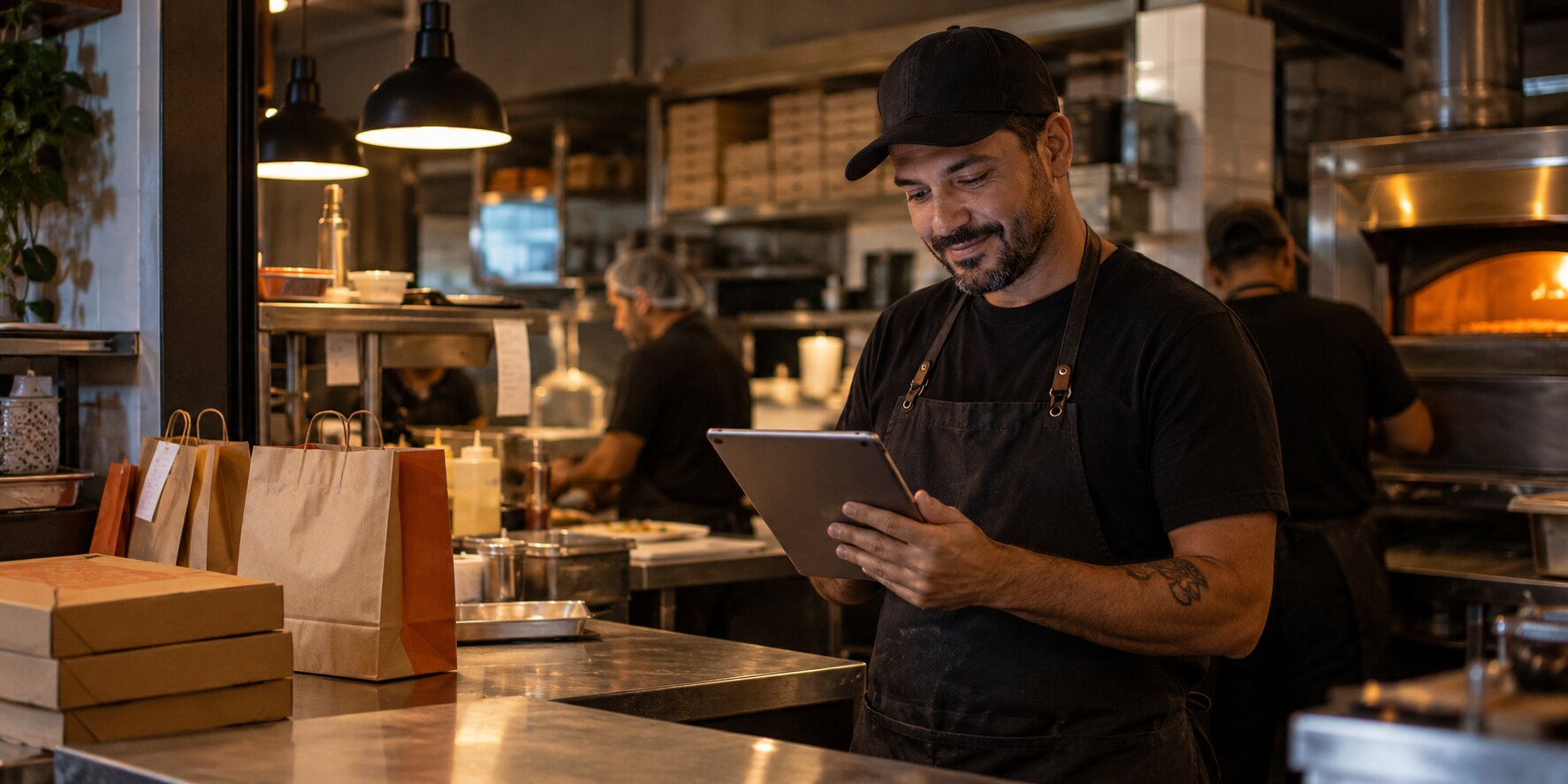 Dono de pizzaria conferindo pedidos no tablet, sorrindo, com a equipe trabalhando ao fundo